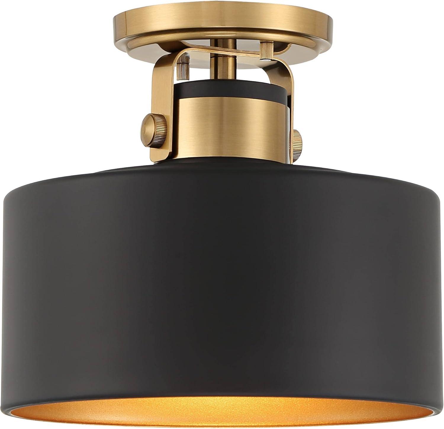 Possini Euro Design Modern Ceiling Light Semi Flush Mount Fixture 10" Wide Soft Gold Metal Black Drum Shade for Bedroom Kitchen