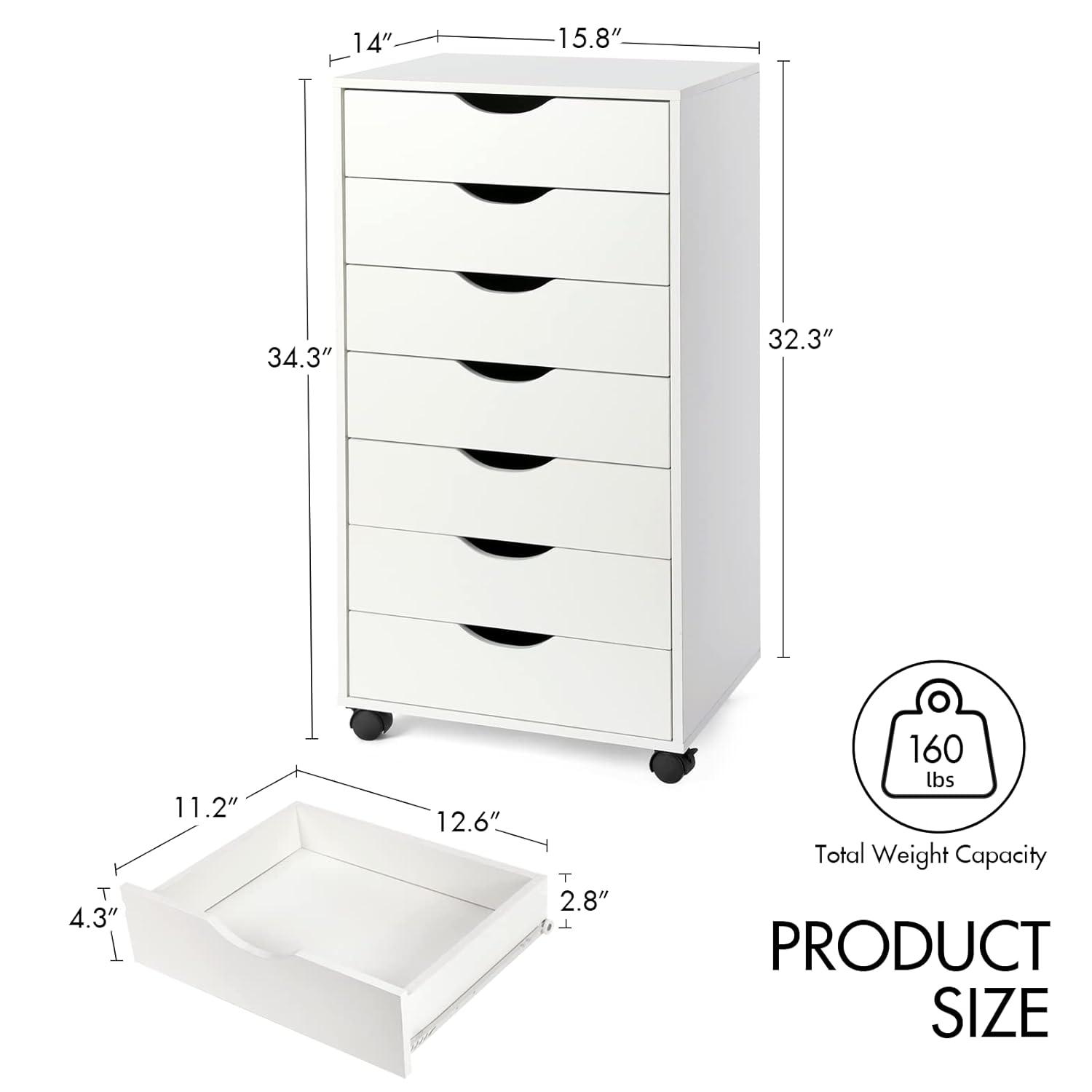 HeSLehs 7-Drawer Organizer, Tall Chest of Drawers with Caster Wheels, Alex Drawers File for Home Office, White