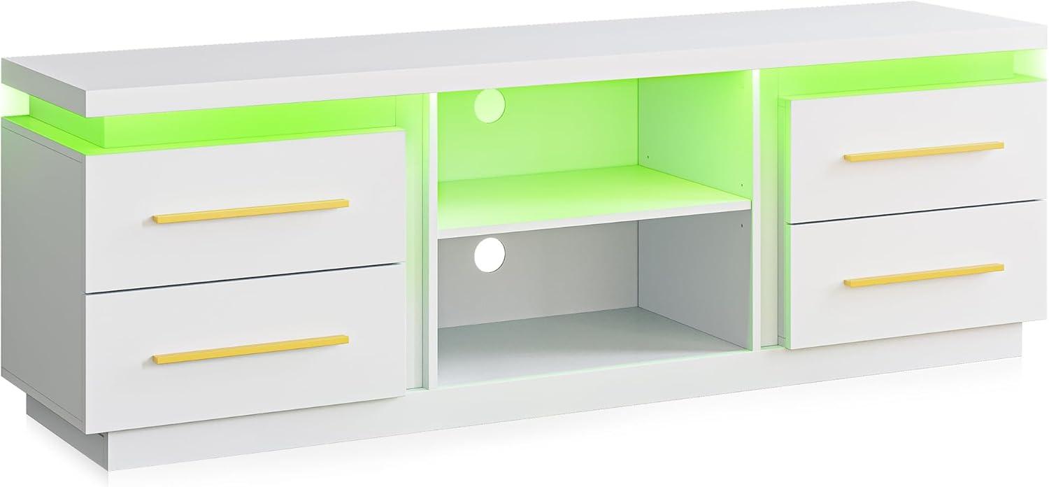 White 66" TV Stand with LED Lights and Storage Cabinet