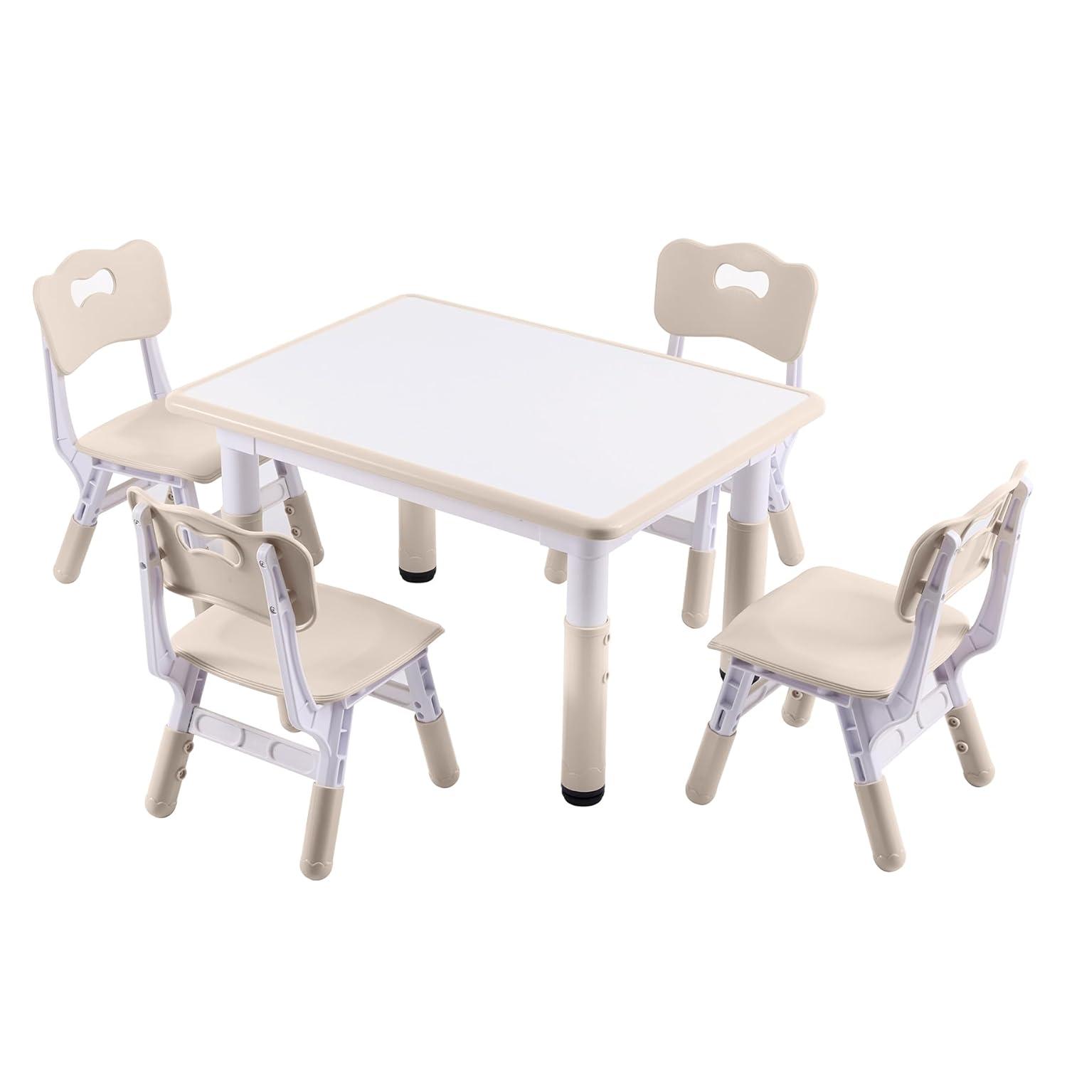 Height-Adjustable Kids Table and 4 Chairs Set, Toddler Table and Chair Set with Graffiti Desktop, 31.5''L x 23.6''W Children Activity Table for Daycare, Classroom, Home