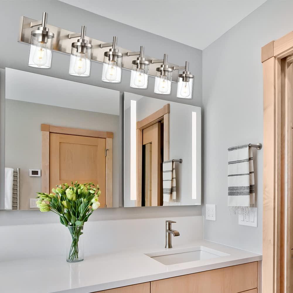 Brushed Nickel 6-Light Vanity Fixture with Clear Glass Shades