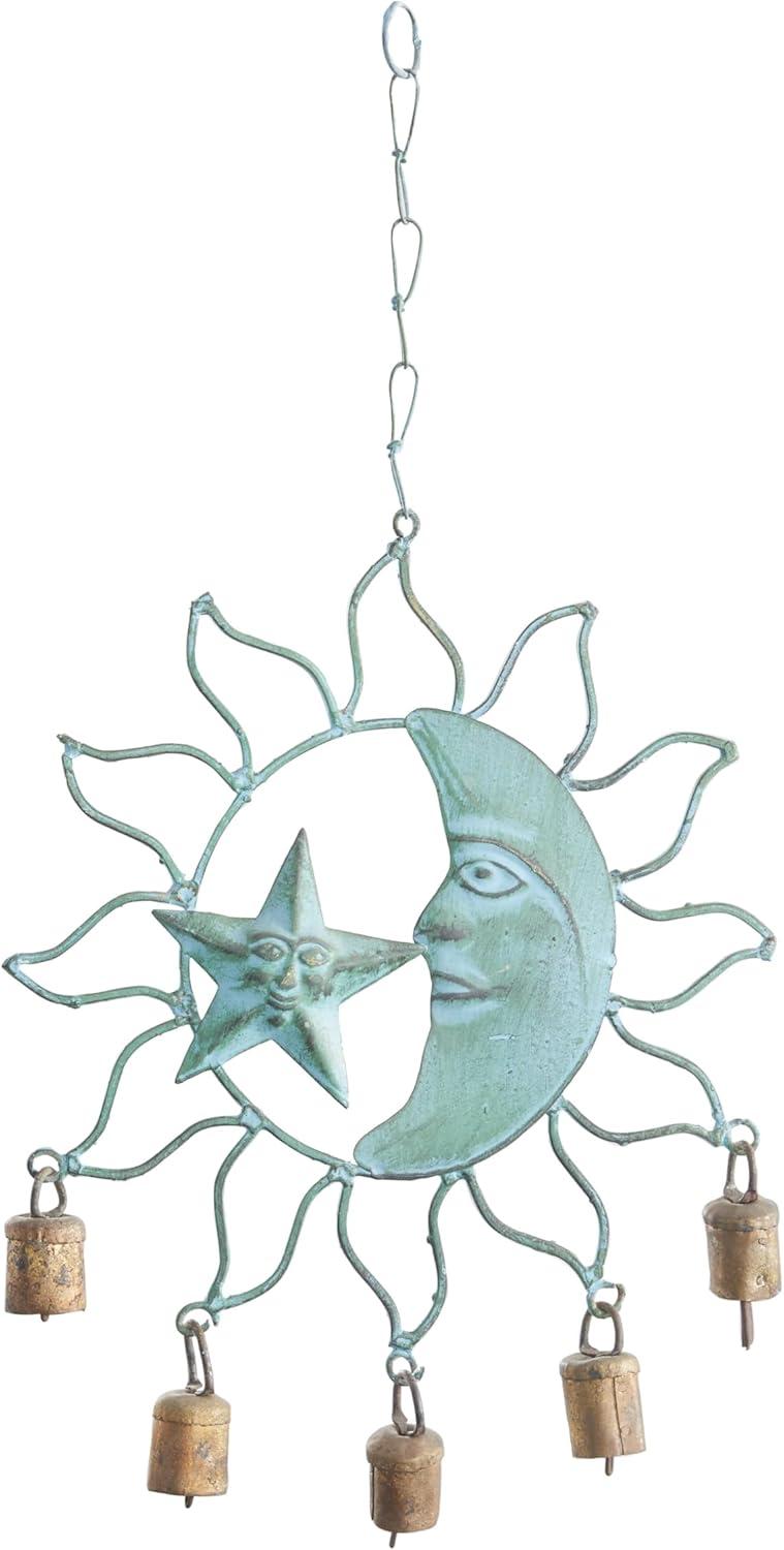 DecMode 13" Teal Metal Sun and Moon Windchime with Bells