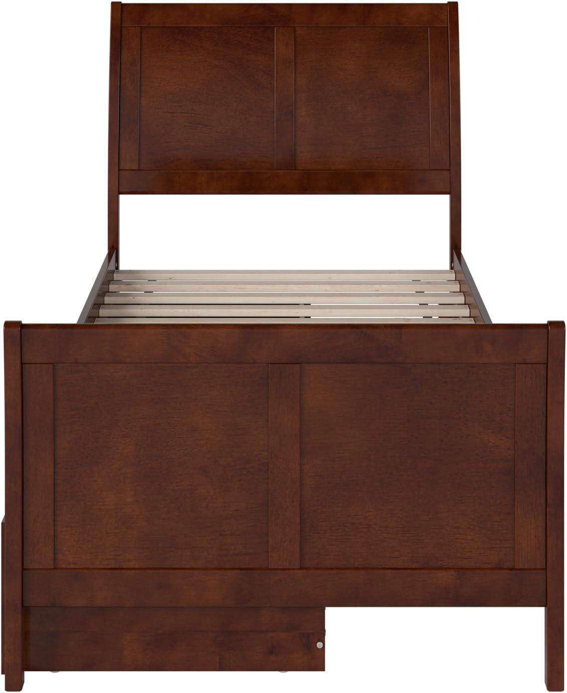 Walnut Twin XL Platform Bed with Sleigh Headboard and Storage Drawers