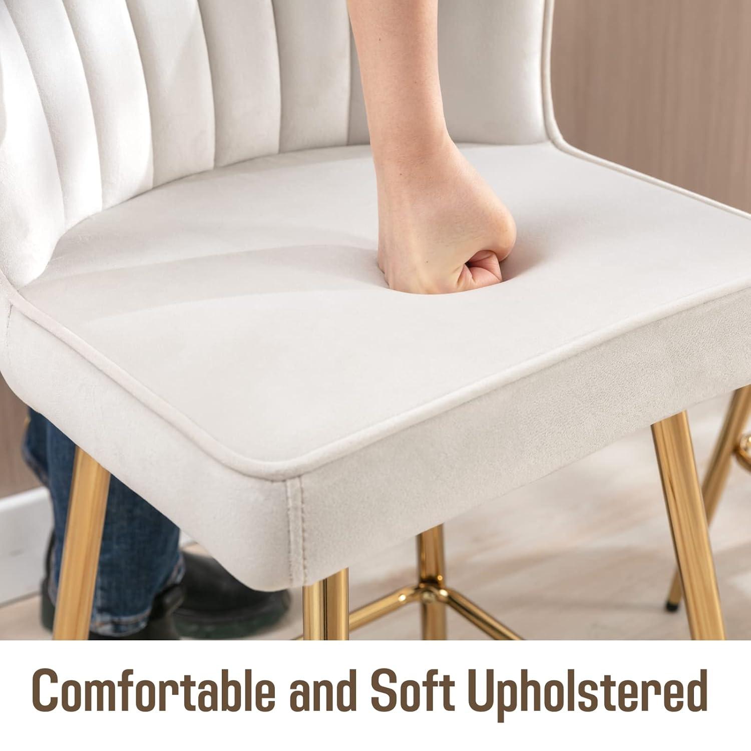 Counter Height Stools Set of 2, Velvet Bar Stools with 27 Inches Upholstered Seat Height, Handmade Woven Back Armrest, Sturdy Golden Metal Legs for Home Dining Pub Kitchen Island, Beige