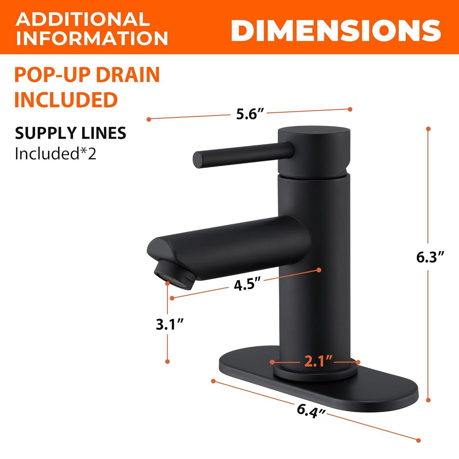 Bathroom Sink Faucet One Hole,Lavatory Tap for Basin,Matte Black Bathroom Sink Faucet with Metal Pop Up Drain Assembly， Bathroom Faucet 1 Hole with 3 Hole Deck Plate