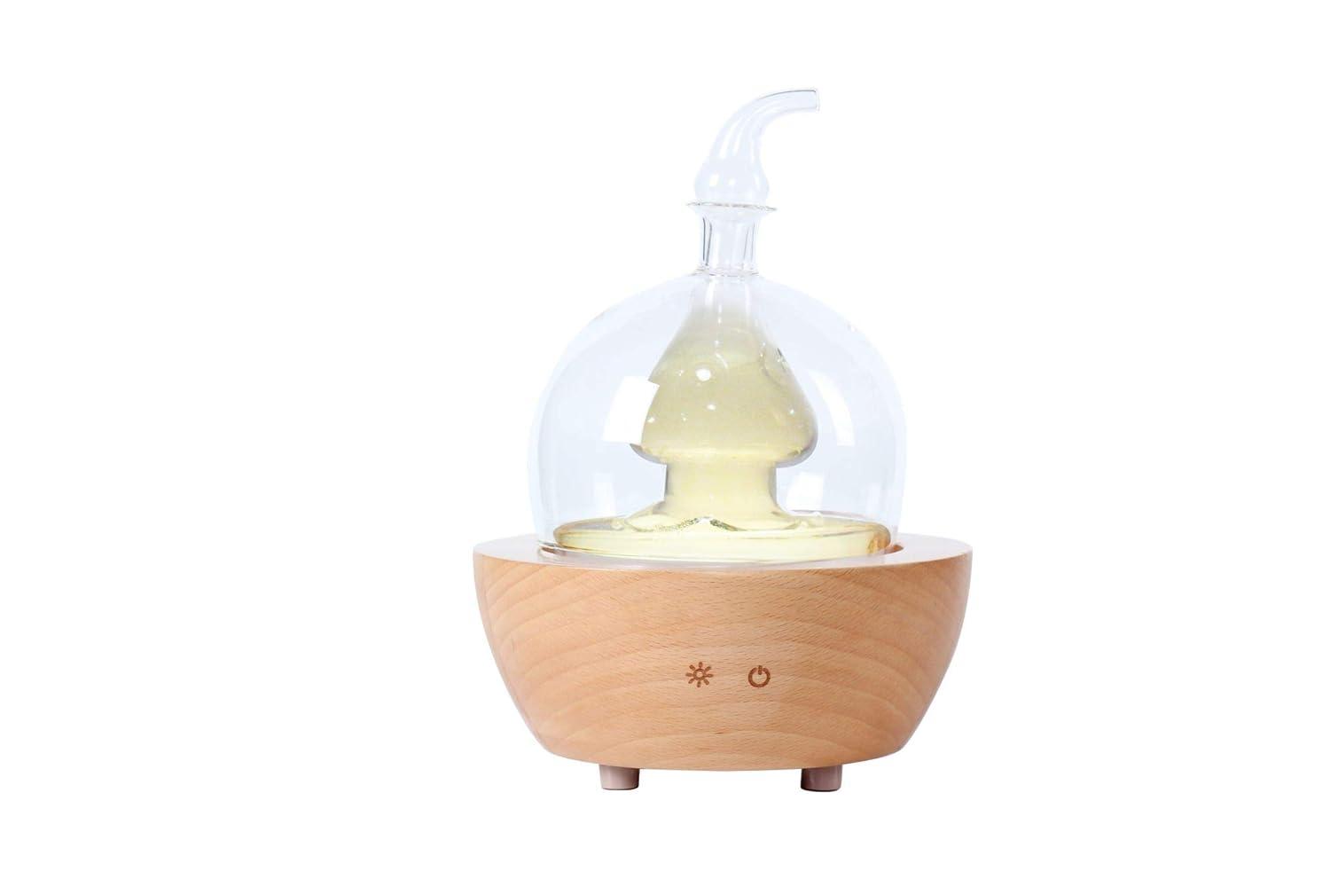 EcoGecko Aroma Essential Oil Diffuser made from Wood and Hand Blown Glass for Aromatherapy Nebulizer Pure Essential Oils with Touch Button Timer and 7 Color LED lights