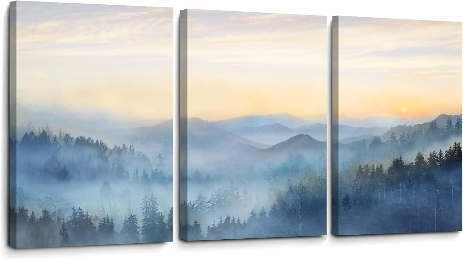 Wall Decor for Bedroom 3 Panel Sunrise Misty Forest Print Picture Paintings Wall Art for Living Room Bathroom Framed Canvas Artwork Modern Room Wall Decorations Size 12x16 x 3 Piece Ready to Hang