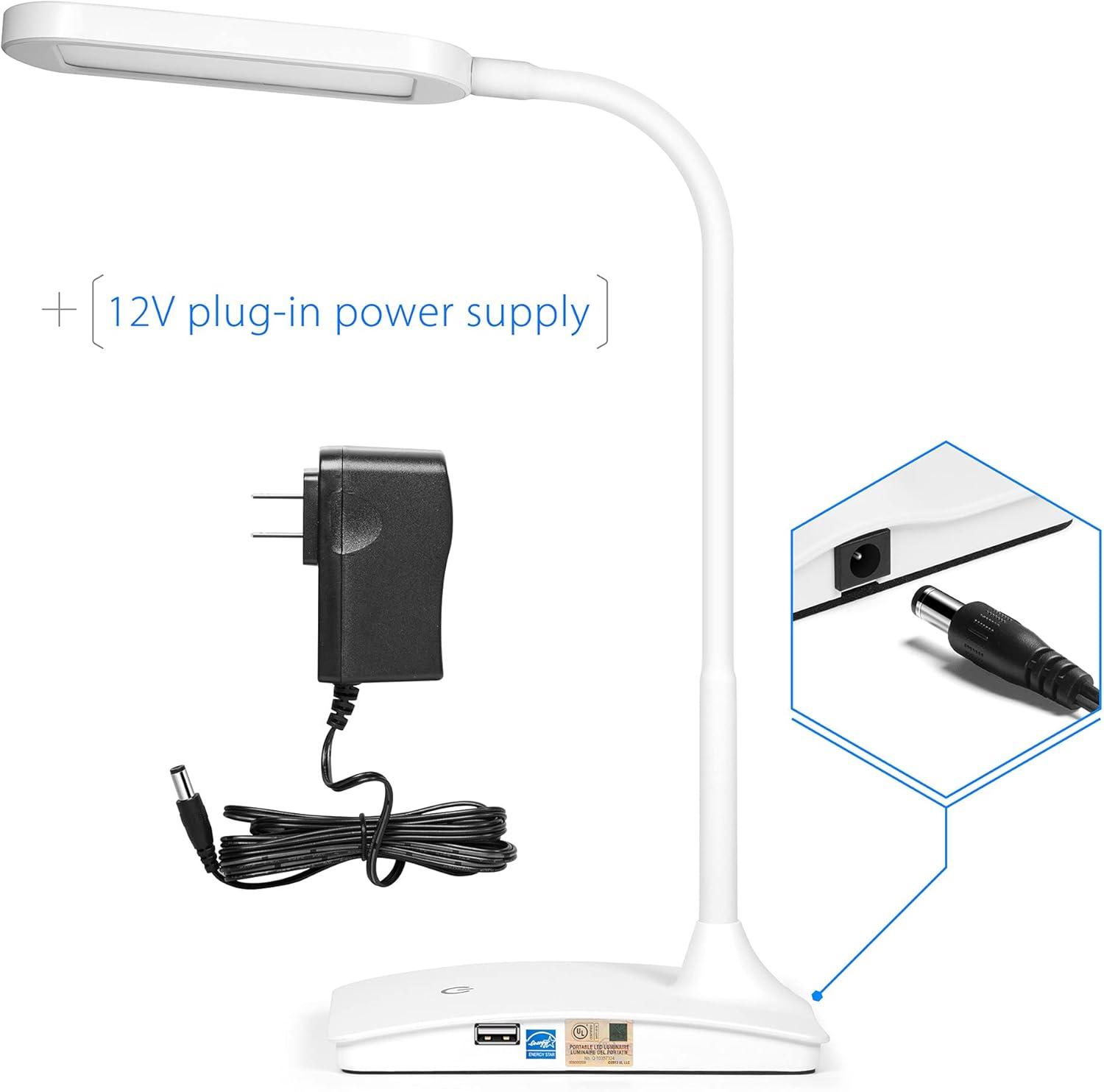 TW Lighting LED Desk Lamp with USB Charging Port Dimmable Study Home Office Lamps White