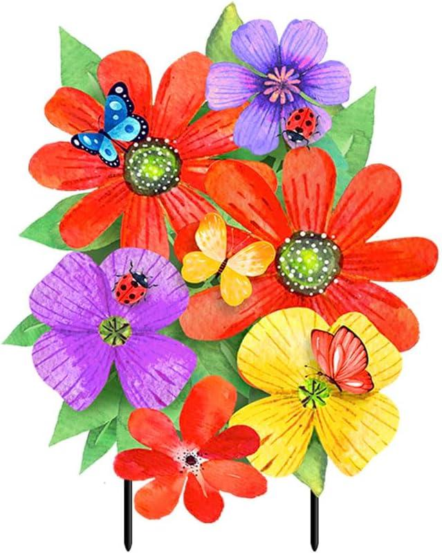 Whimsical Spring Flowers Metal Lawn Art with Butterflies and Ladybugs