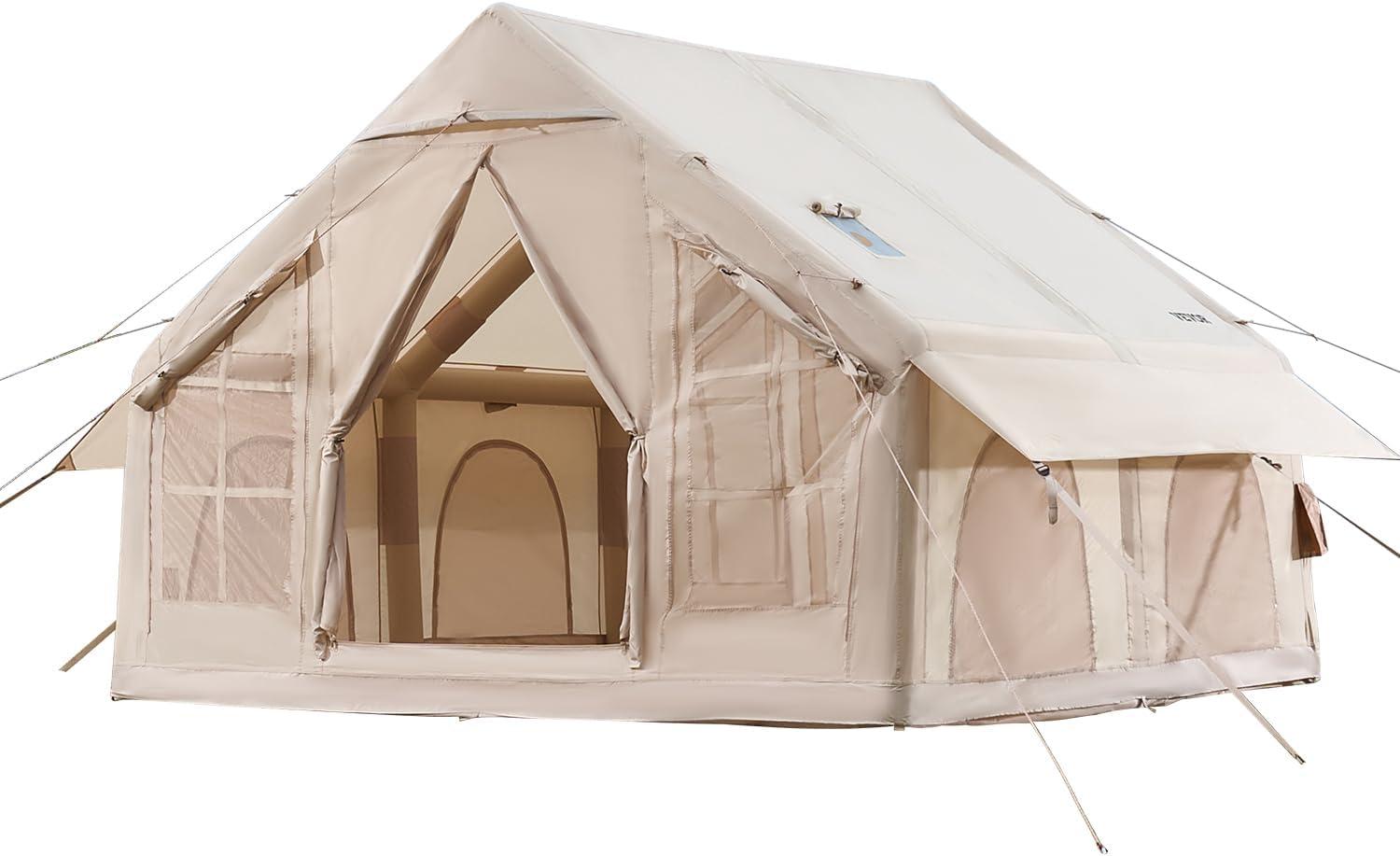 VEVOR Inflatable Tents for Camping, 4-6 Person Easy Setup Blow up Tent with Hand Pump,300D Oxford 4 Season Glamping Tent with Stove Jack 2 Doors & 4 Mesh Windows,Storage Bag Included for Easy Taking