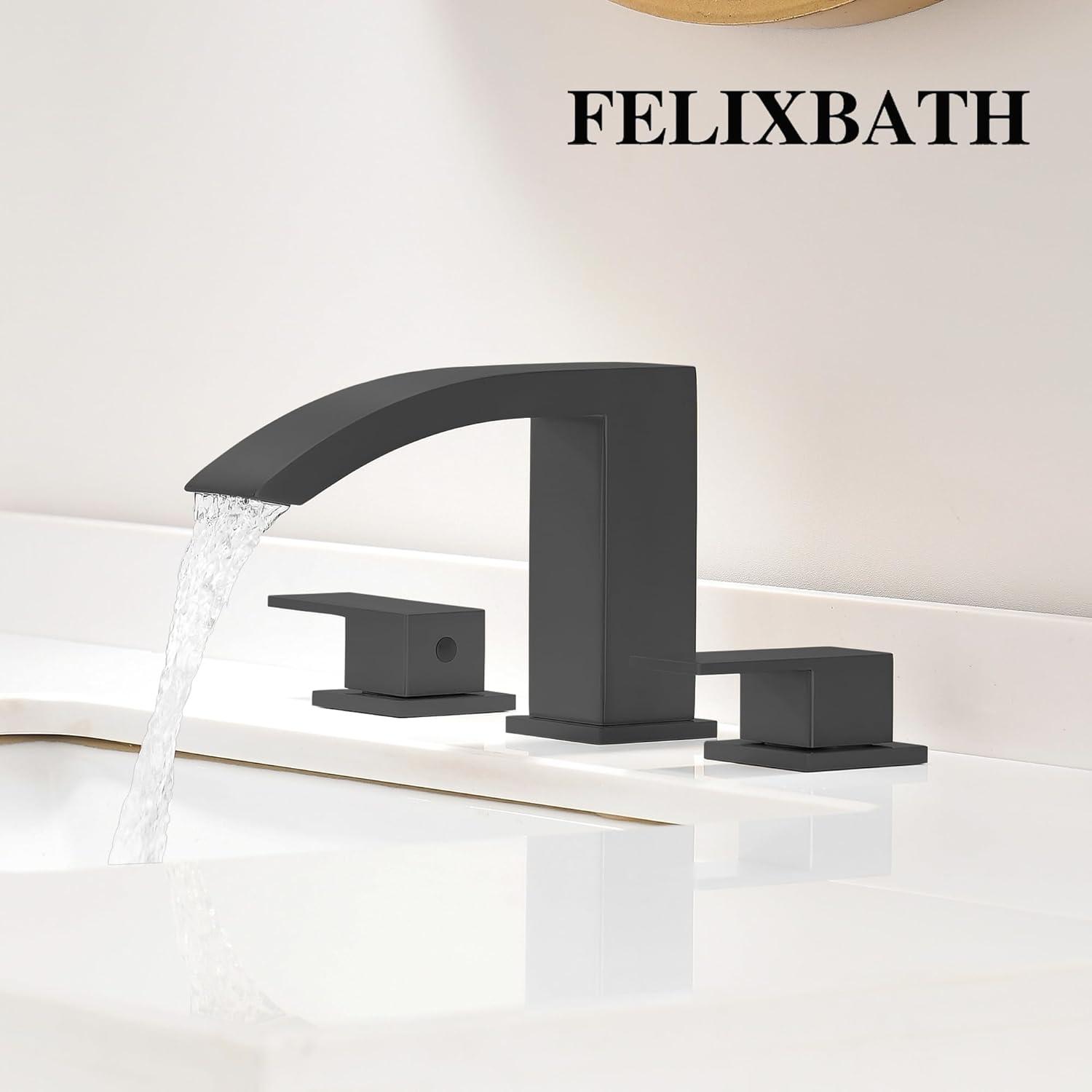 Waterfall Bathroom Sink Faucet, 3 Holes Two Handles Bathroom Faucet with Pop Up Drain and 2 Water Supply Lines, 8 inch Widespread Bathroom Sink Faucet Matte Black