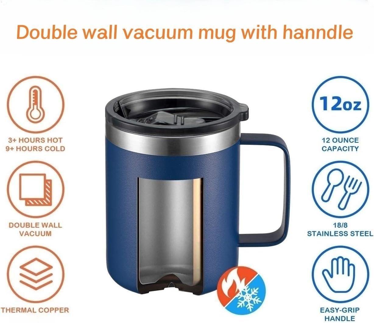 12oz Stainless Steel Coffee Mug With Handle Lid Double Wall Vacuum Thermal Cup Reusable Durable Travel Water Cup Retirement Gift