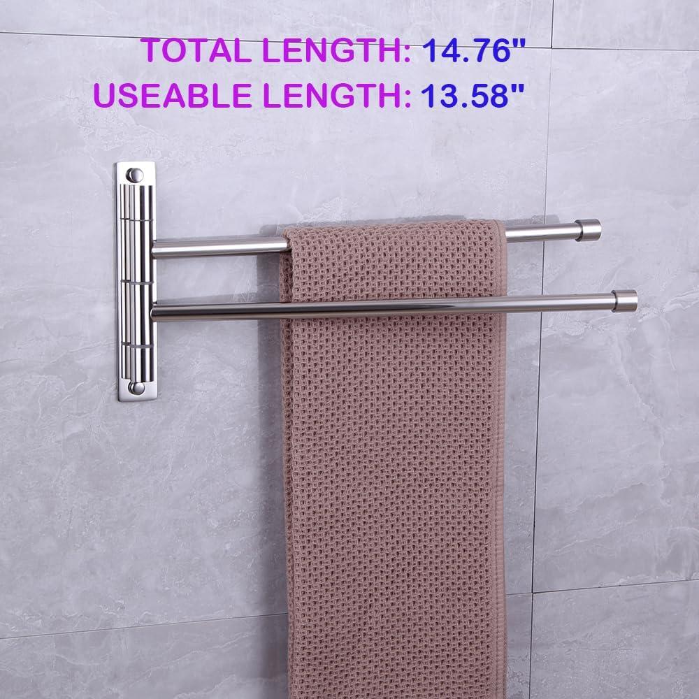 Stainless Steel Swing Out Towel Bar 2-Bar Folding Arm Swivel Hanger Bathroom Storage Organizer Rustproof Wall Mount Brushed Finish