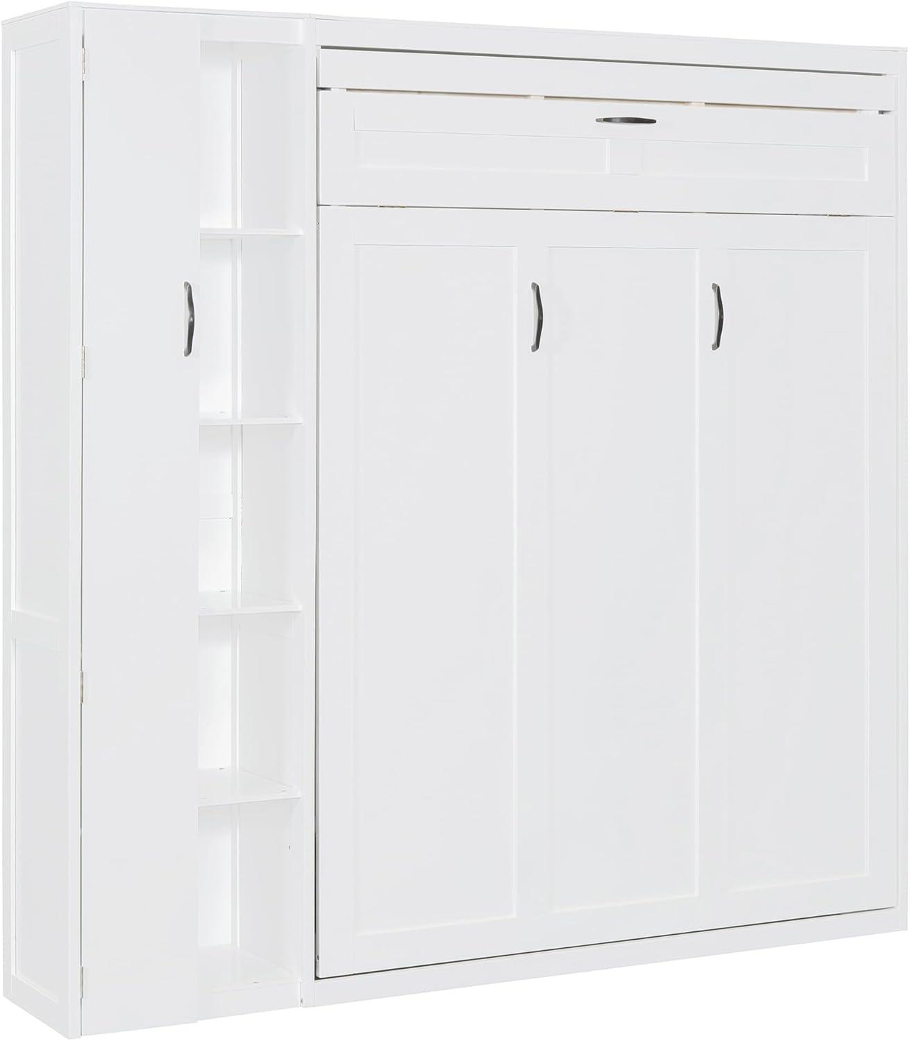 P PURLOVE Murphy Bed Full, Wood Wall Bed with Shelves, Wardrobe and LED Lights, No Box Spring Needed (Gray)