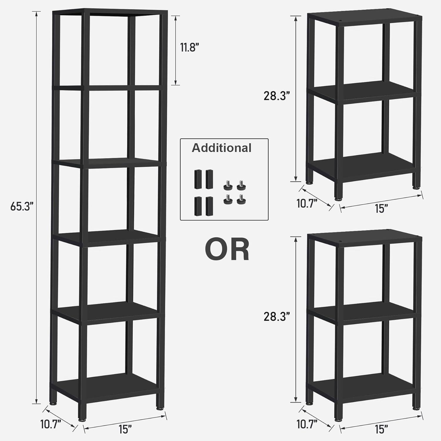 6 Tier Tall Book Shelf - 10.7"D x 15"W x 65.3"H Black