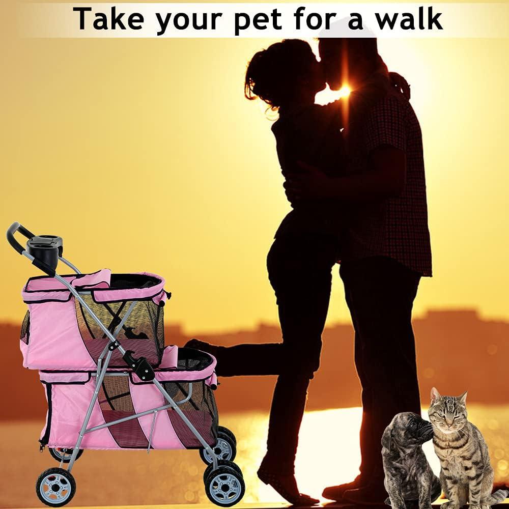 FDW 4 Wheel Pet Stroller Folding Dog Cat Stroller for Small and Medium Pets with Storage Basket Double Decker & Mesh Windows