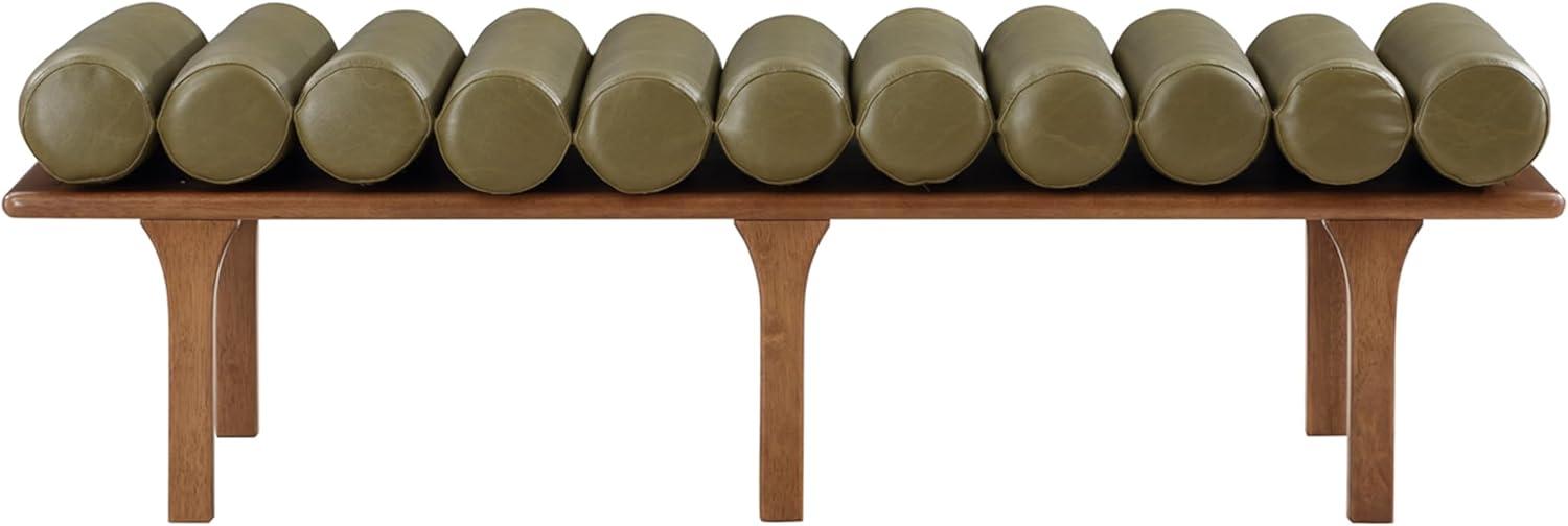 Olive Green Vegan Leather and Walnut Art Deco Bench