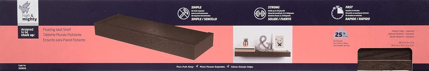 HIGH & MIGHTY Modern 36" Floating Shelf Holds up to 25lbs, Easy Tool-Free Dry Wall Installation, Flat, eCommerce Packaging, Espresso