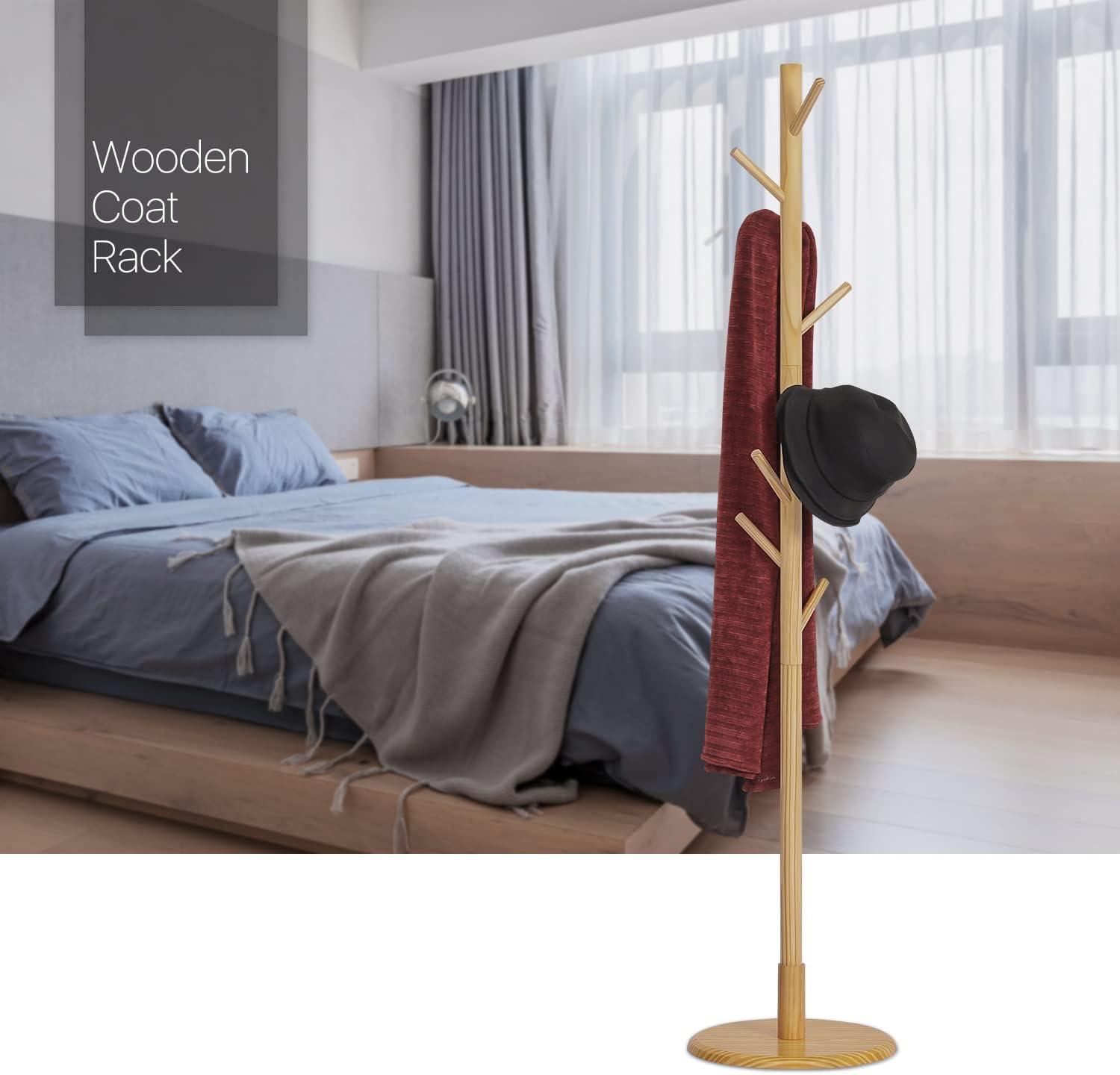 Natural Polished Wood Freestanding Coat Rack with Umbrella Stand