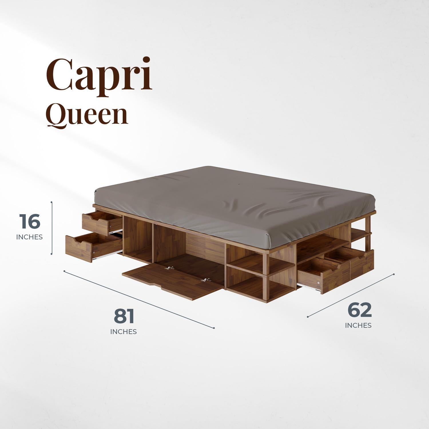 LETTO Capri Queen Size Wood Platform Storage Bed Frame with Drawers and Built-in Shelves, Storage Platform Bed Great for Couples Room Organization, Solid Wood Bed, Smooth Finish (Golden Brown)