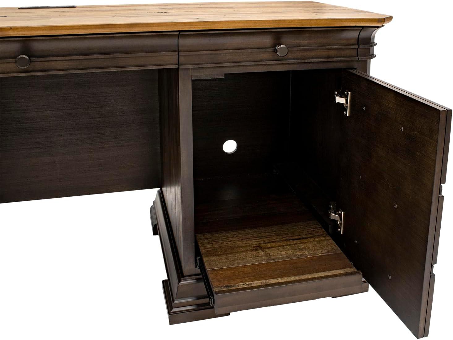 Executive Credenza Desk Writing Table With Solid Wood Plank Top Brown