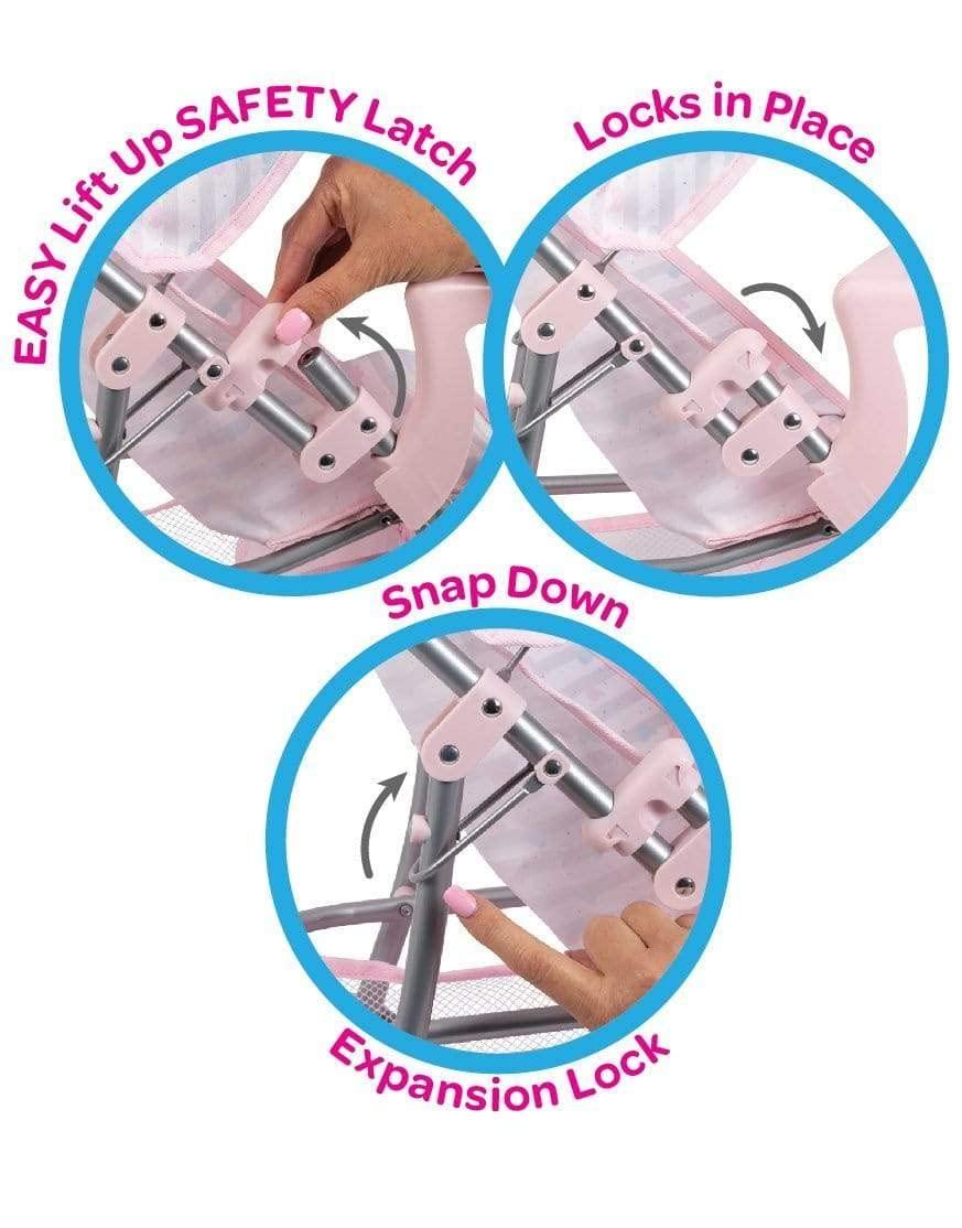 Adora Baby Doll Stroller, Snack N Go Collection with Adjustable Sun Cover and Doll Accessory Storage, Birthday Gift For Ages 3+ - Pastel Pink Heart