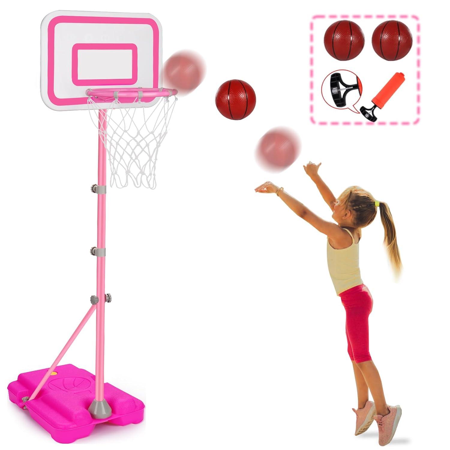 Kids Basketball Hoop Adjustable Height 2.9 ft-6.2 ft Toddler Basketball Hoop for Kids Indoor Outdoor Play Portable Basket Ball Goal Backyard Outside Toys for Boy Girl Age 2 3 4 5 6 7 8
