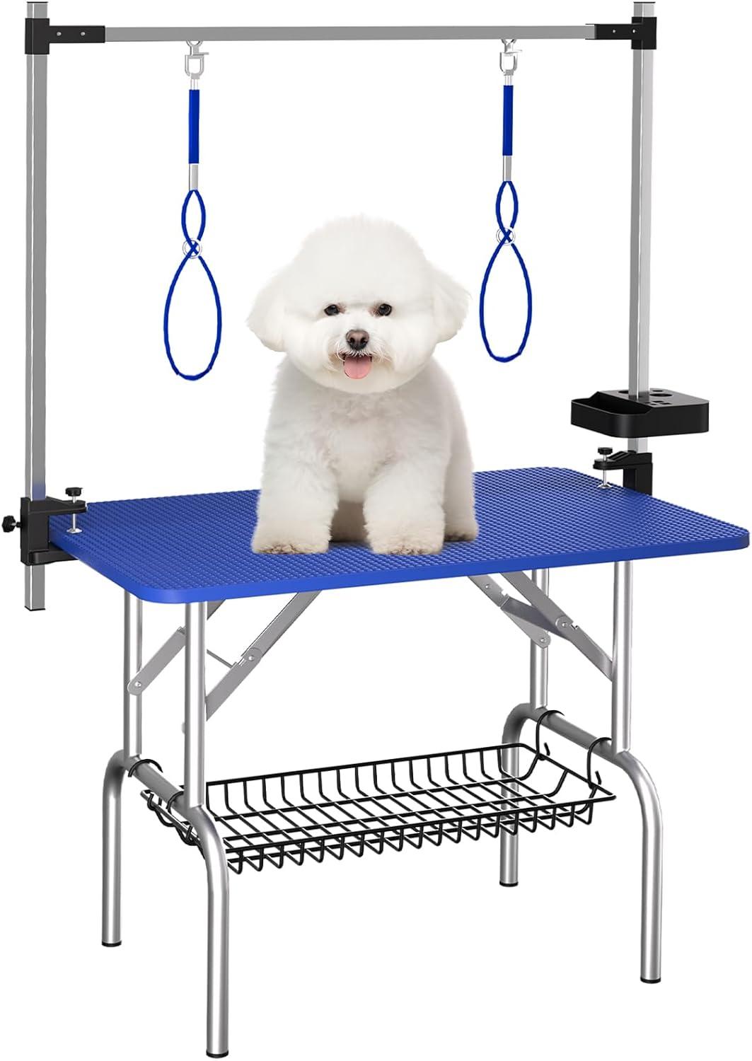 36" Professional Adjustable Pet Grooming Table Heavy Duty with Arm & Nosse & Mesh Tray for Large Dog Cat Shower Table Bath Station, Maximum Capacity Up to 330 LBS