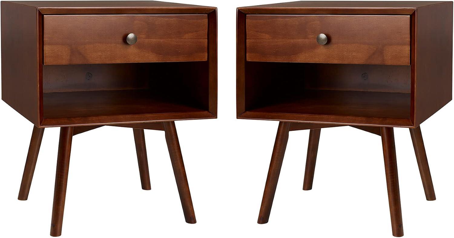 Walker Edison 2-Piece Mid-Century Solid Pine Wood Bedroom Nightstand in Walnut