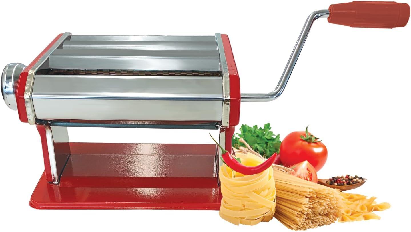 JS Gourmet - Manual Pasta Machine in Stainless Steel, 2 Adjustable Cutting Rollers, Red
