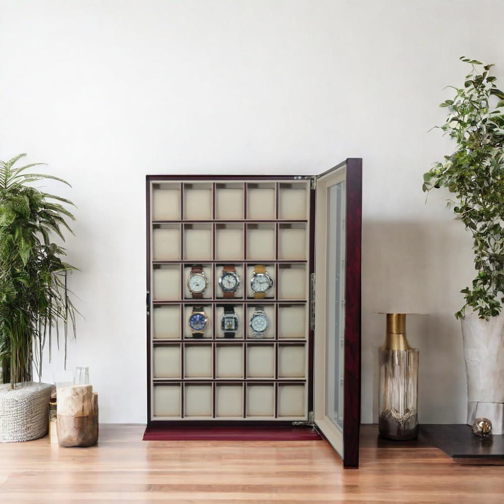 Cherry Wood 30-Slot Wall Mounted Watch Display Case
