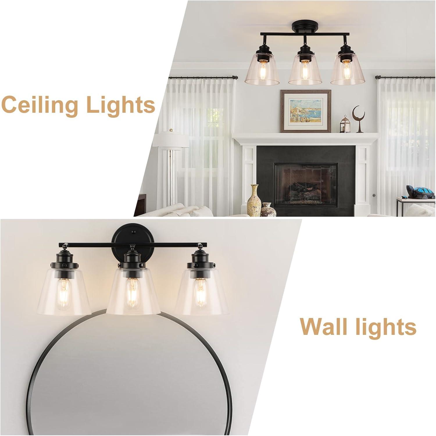 3-Light Bathroom Light Fixtures Bathroom Vanity Lights with Clear Glass Shades Matte Black Bathroom Light Fixtures over mirror for Mirror Living Room Cabinet Bedroom Porch