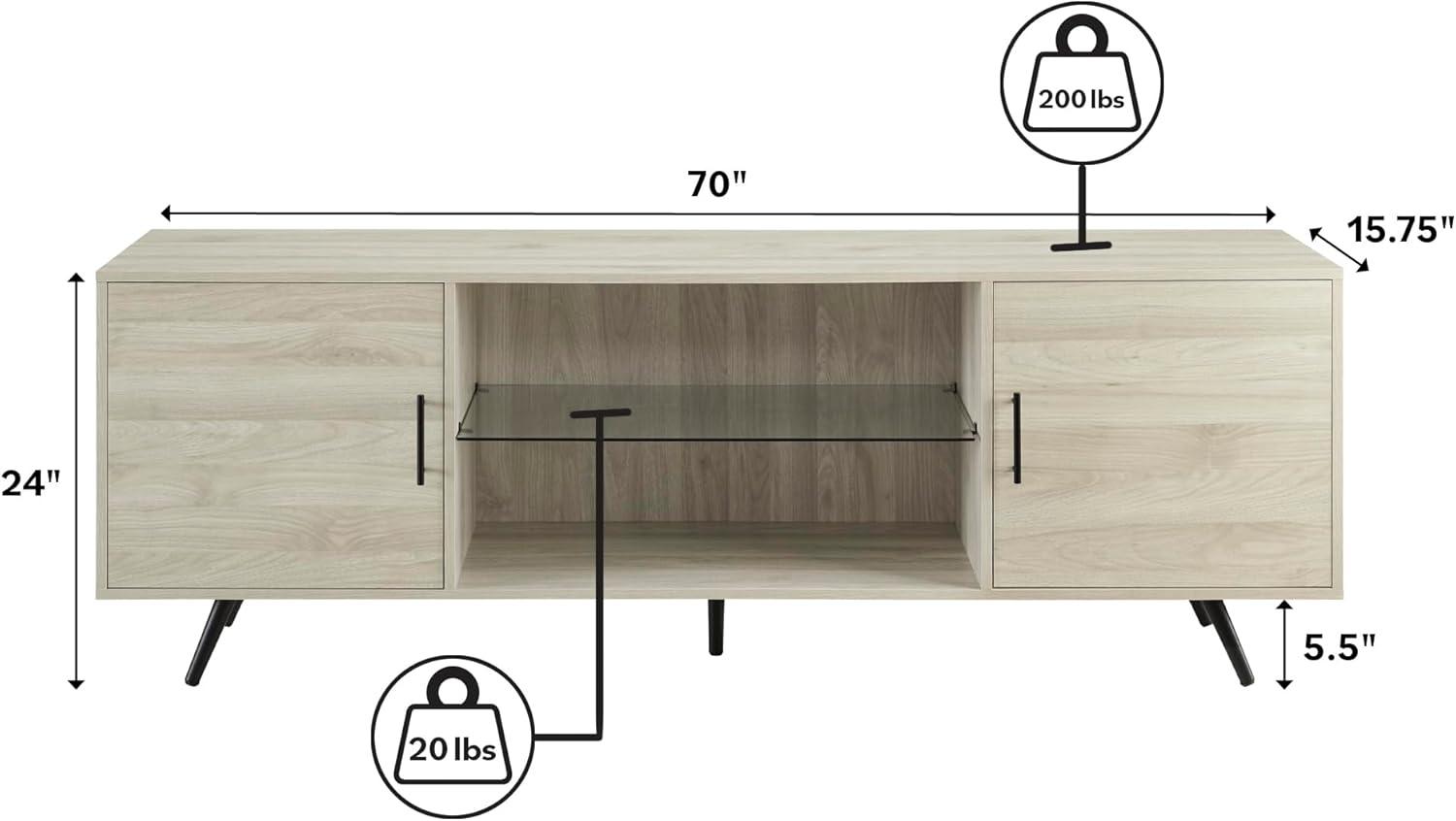 Mid-Century Modern 2-Door 70" Tv Stand For 80" Tvs With Glass Shelf - Birch