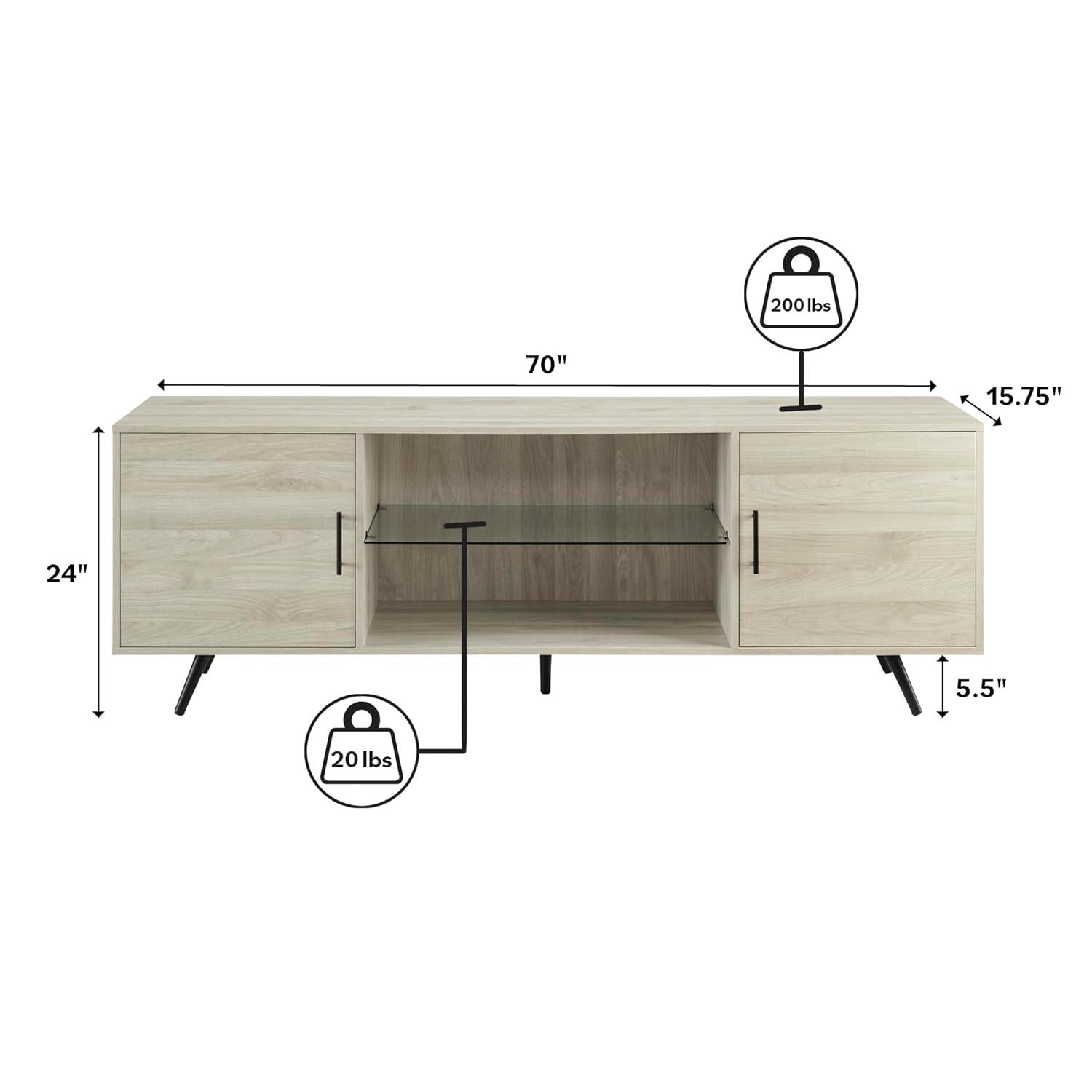 Mid-Century Modern 2-Door 70" Tv Stand For 80" Tvs With Glass Shelf - Birch