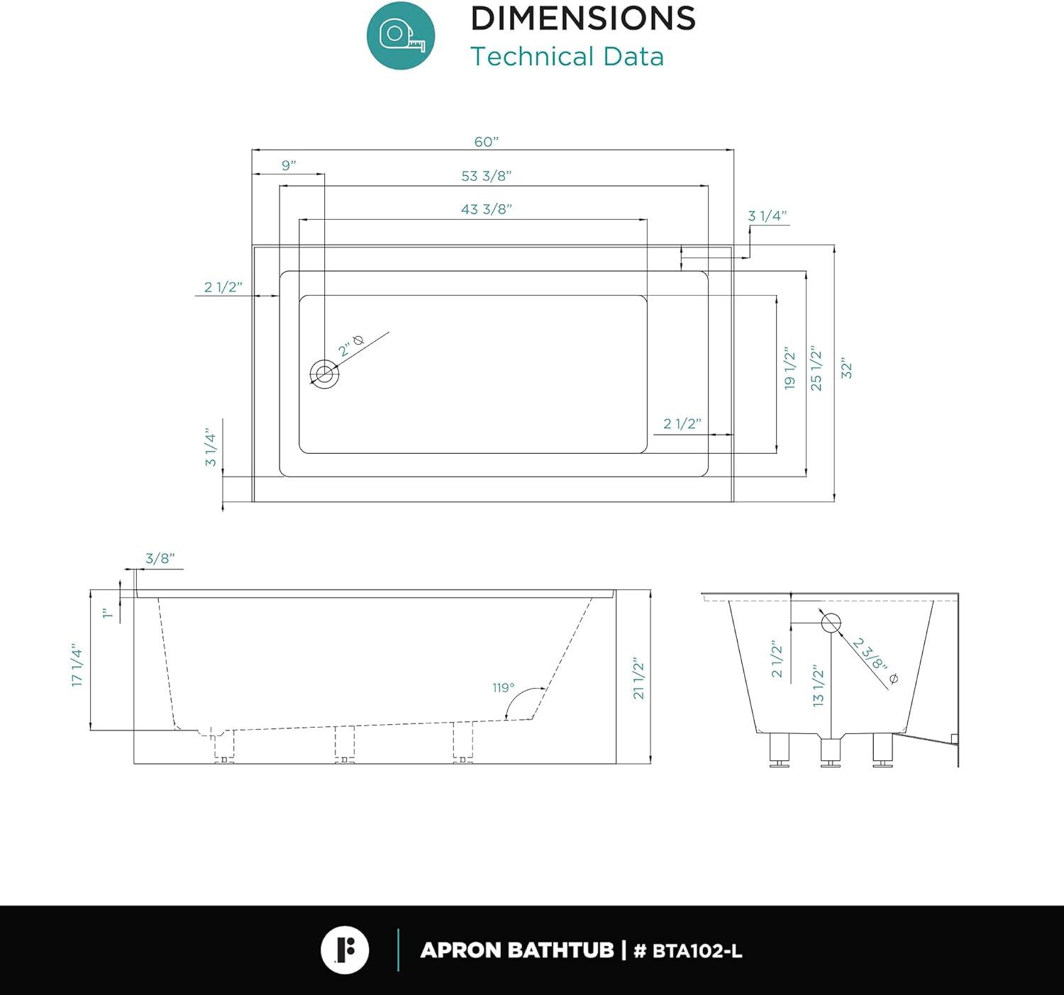 Fine Fixtures Acrylic-Fiberglass Soaking Bathtub, White. Alcove | Apron Front Left Hand 60"x32"