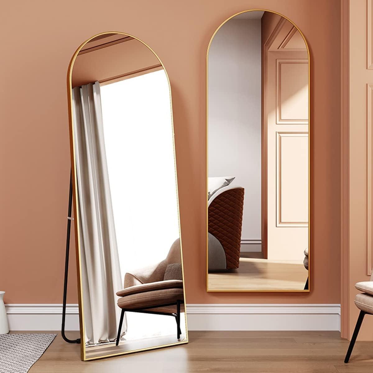 GLSLAND Full Length Mirror Arch Standing Floor Mirror, 64"x21" Arched Wall Mirror, Gold