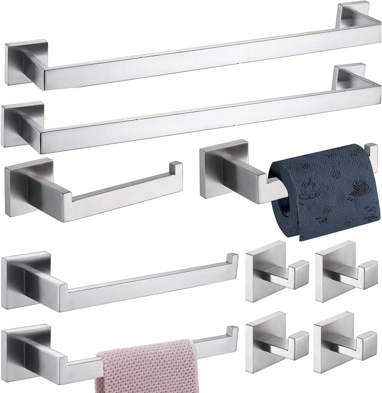 Bathroom Hardware Set 10PCS Brushed Nickel Bathroom Accessories Set SUS304 Towel Bar Set 24 Inch Bathroom Towel Holder Set RUSTPROOF Wall Mount Towel Rack Set (10, Brushed Nickel)