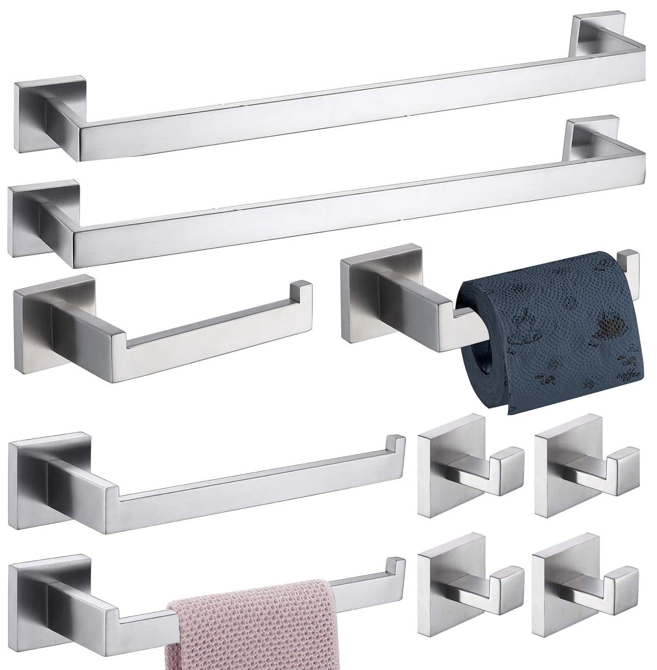 Bathroom Hardware Set 10PCS Brushed Nickel Bathroom Accessories Set SUS304 Towel Bar Set 24 Inch Bathroom Towel Holder Set RUSTPROOF Wall Mount Towel Rack Set (10, Brushed Nickel)