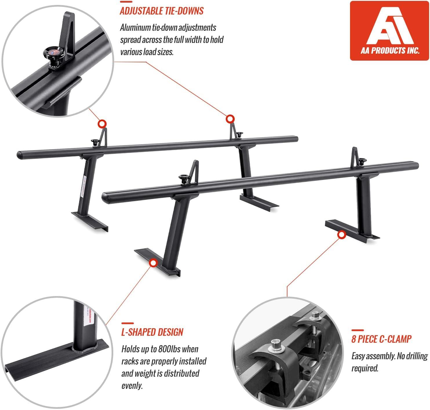 AA-Racks Model APX2501 79" Full-Size Pickup Truck Ladder Racks Low-Profile Height-Adjustable Utility Aluminum Truck Bed Rack with Load Stops-Black
