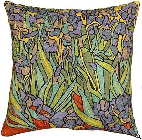 Hand Embroidered Van Gogh Irises Wool Pillow Cover 18x18