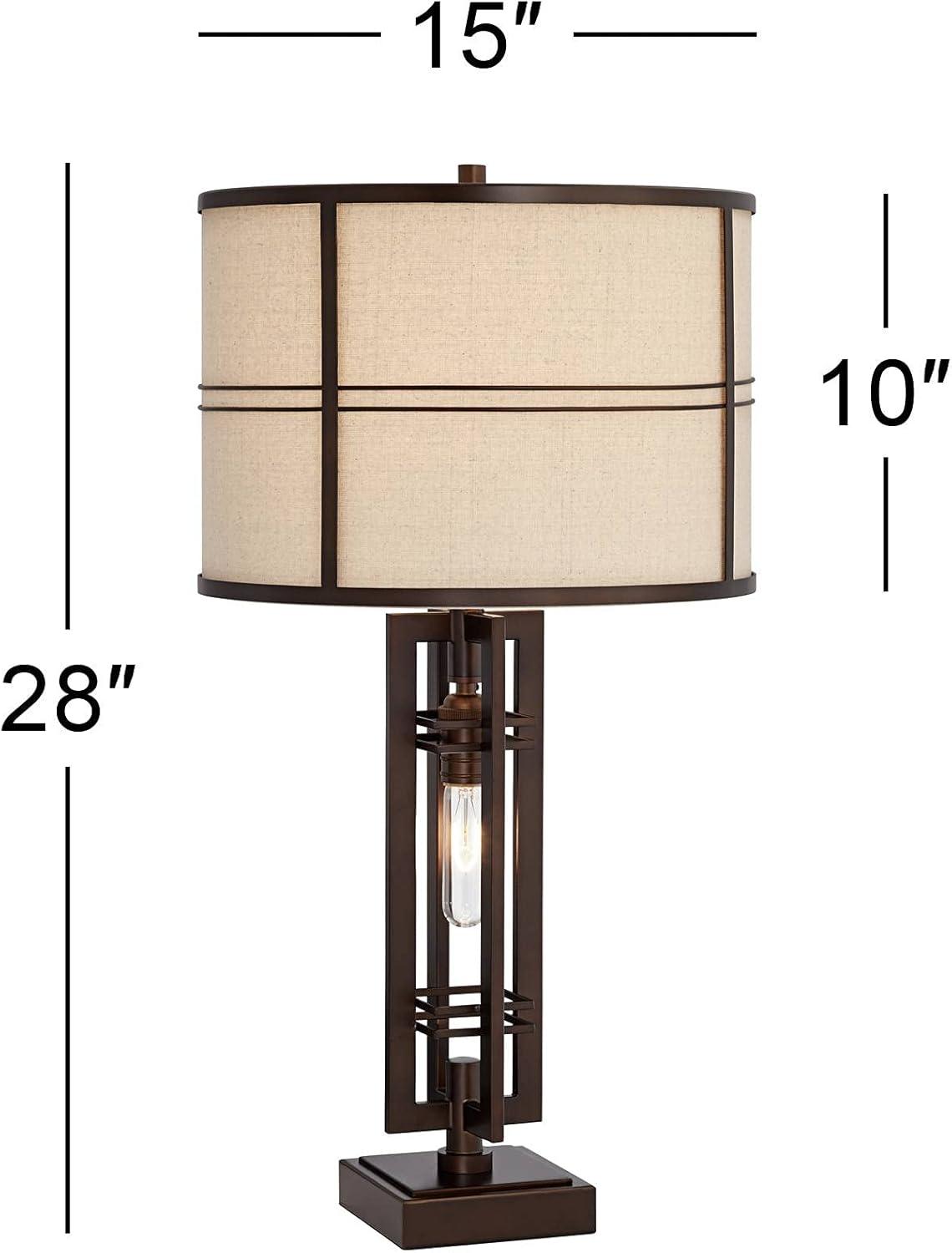 Franklin Iron Works Elias Modern Industrial Table Lamp 28" Tall Oiled Bronze with Nightlight Off White Oatmeal Drum Shade for Bedroom Living Room Kids