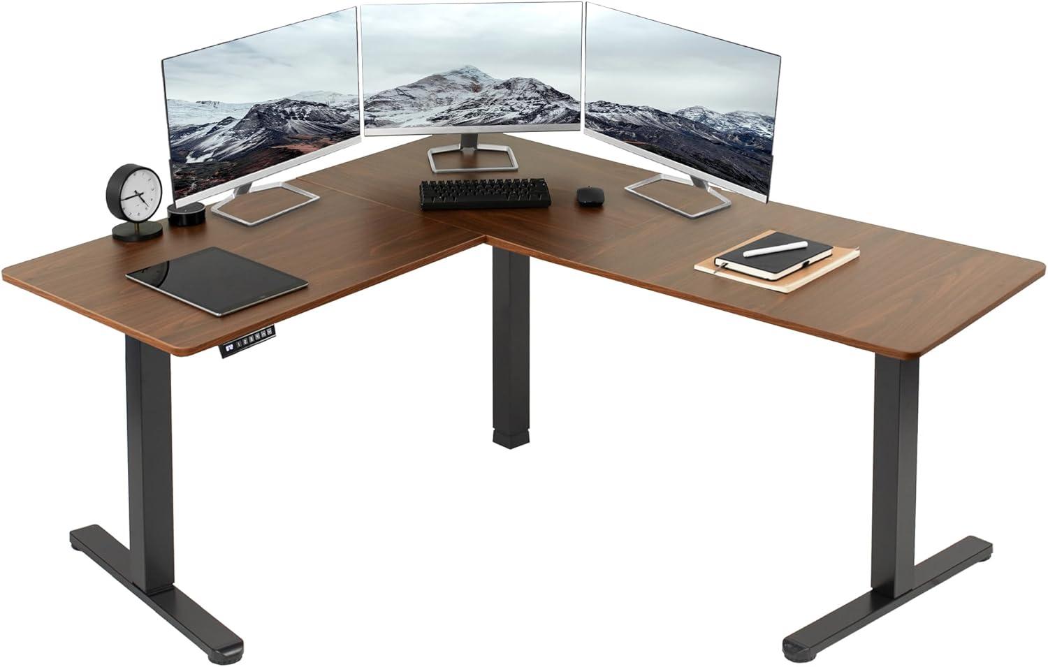 VIVO Dark Walnut / Black Electric 63" x 55" Corner Desk, L-Shaped Workstation