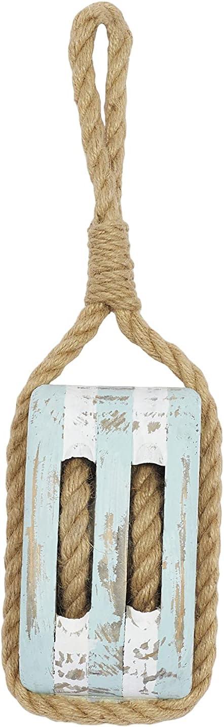 Distressed Blue and White Pine Wood Nautical Pulley Decor