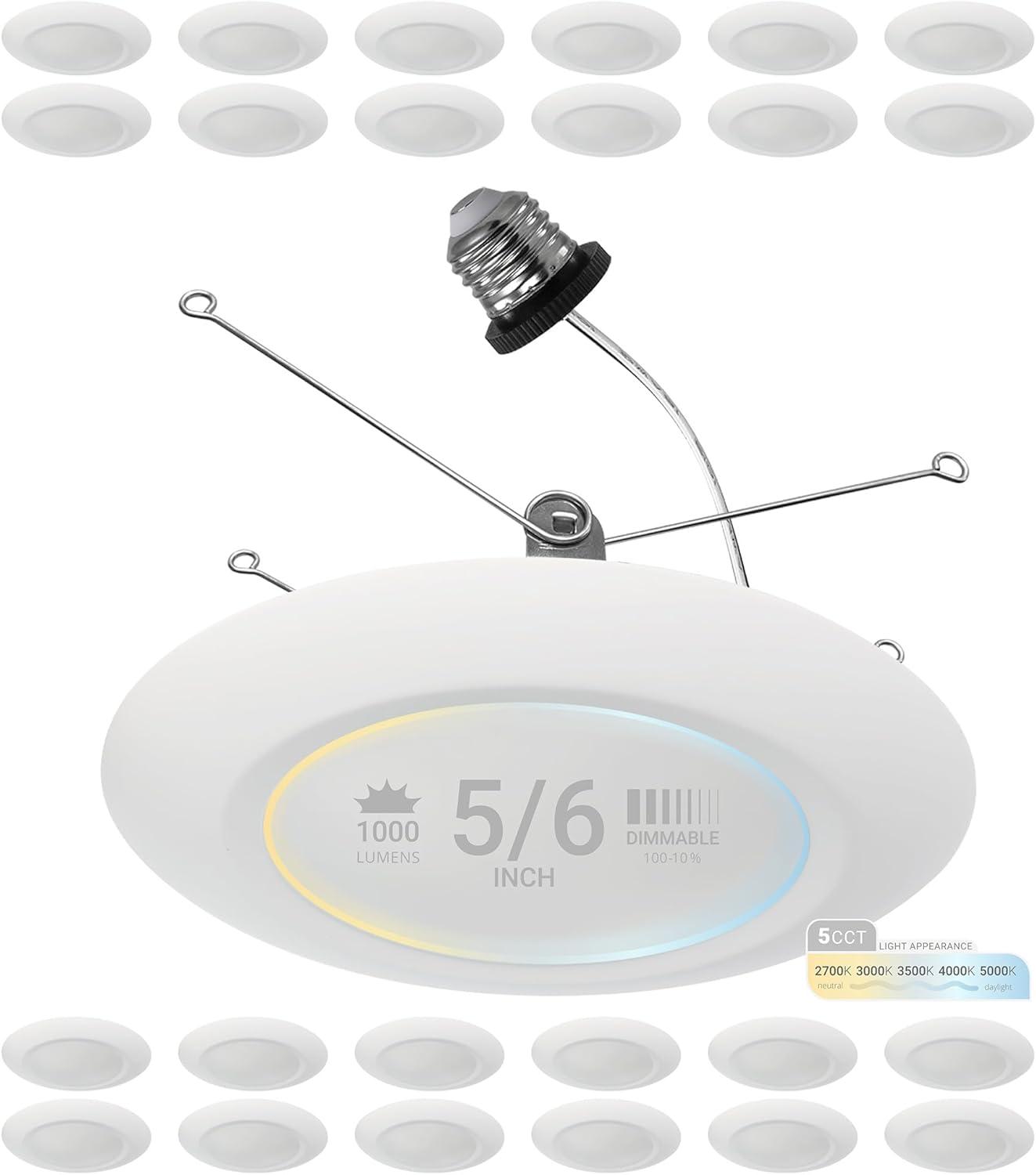 5/6 in. 5CCT Selectable Remodel 15W Retrofit Disk Light E26 Base LED Recessed Lighting Kit 24PK