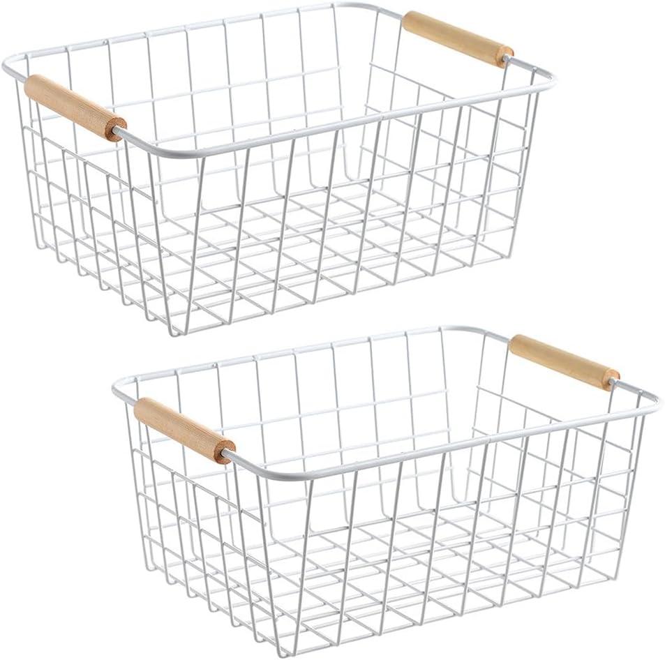 Wire Basket 2 Pcs Wire Storage Baskets Wire Baskets Organizing with Wooden Handles Wire Basket Pantry Organization and Storage Metal Wire Food Storage Basket for Kitchen, Cabinets (White 2PCS)
