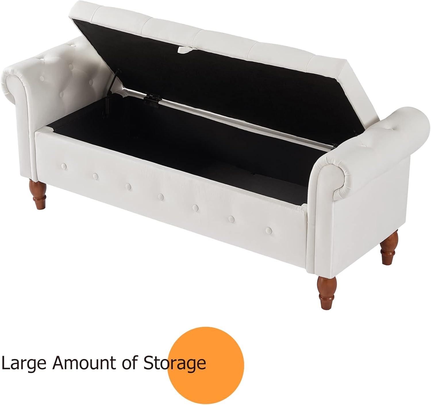 Aoowow 63" Storage Bench for Bedroom End of Bed Rolled Armed Velvet Fabric Ottoman Couch Long Bench Window Sitting Fireplace Toy Storage Bench,Beige