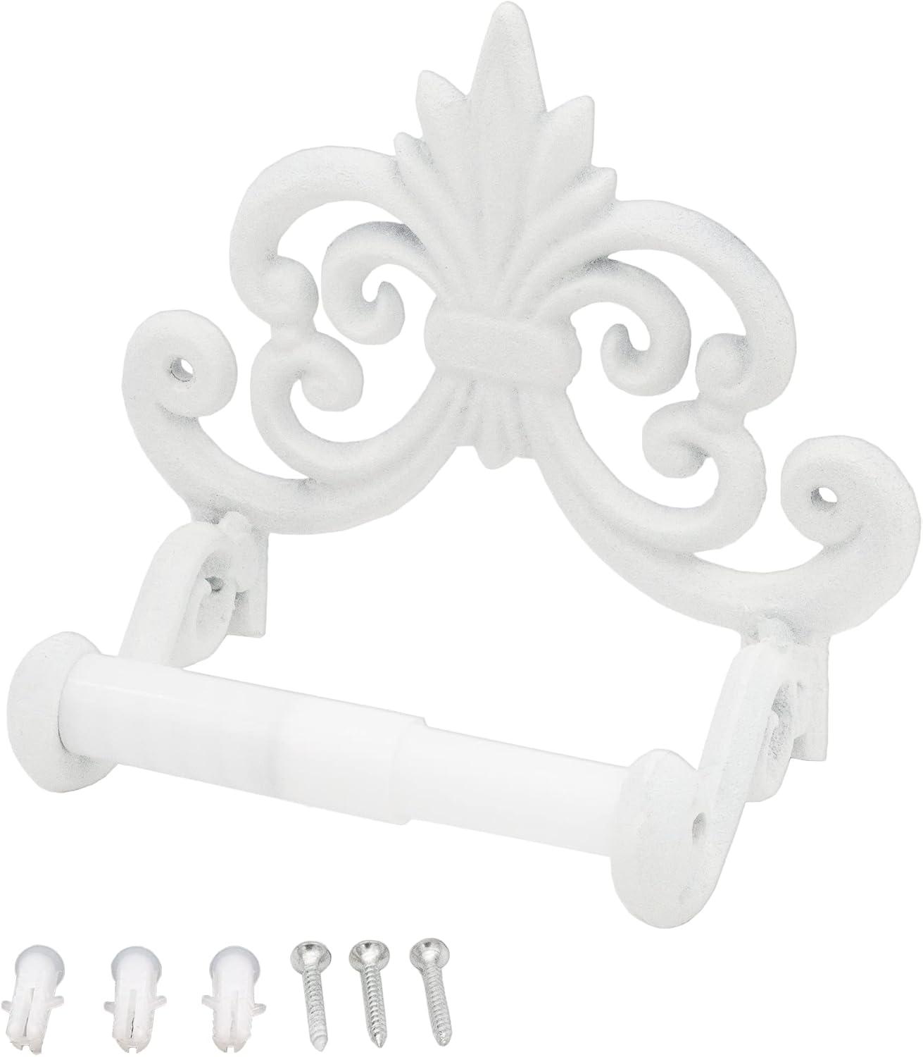 AuldHome Design White Farmhouse Cast Iron Toilet Paper Holder; Wall Mount Vintage Decor Fleur de Lis TP Hanger