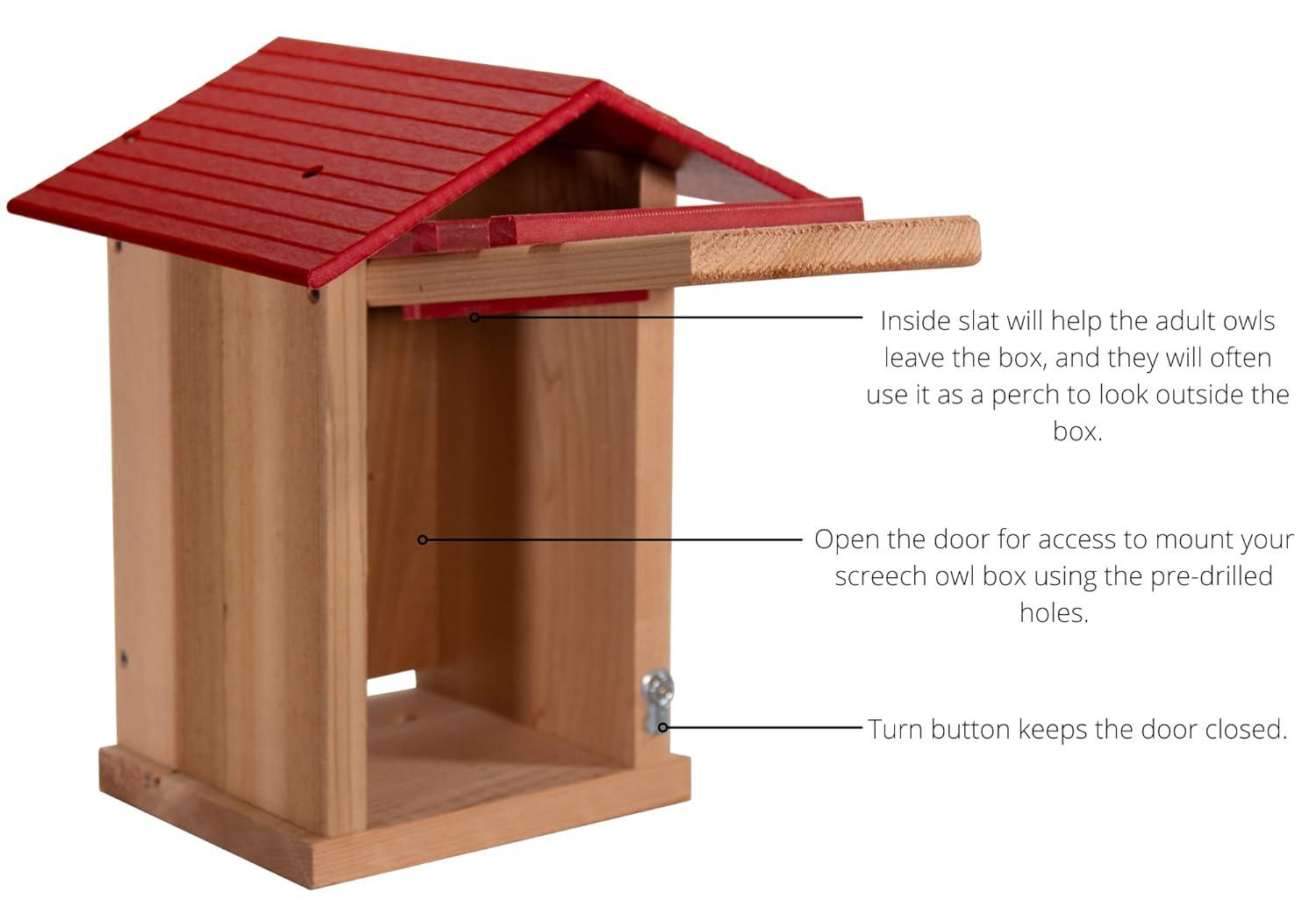 JCS Wildlife Screech Owl or Saw-Whet Owl House Cedar Nesting Box with Poly Lumber Roof - Screech Owl Nest Box - Made in the USA (Cardinal Red)