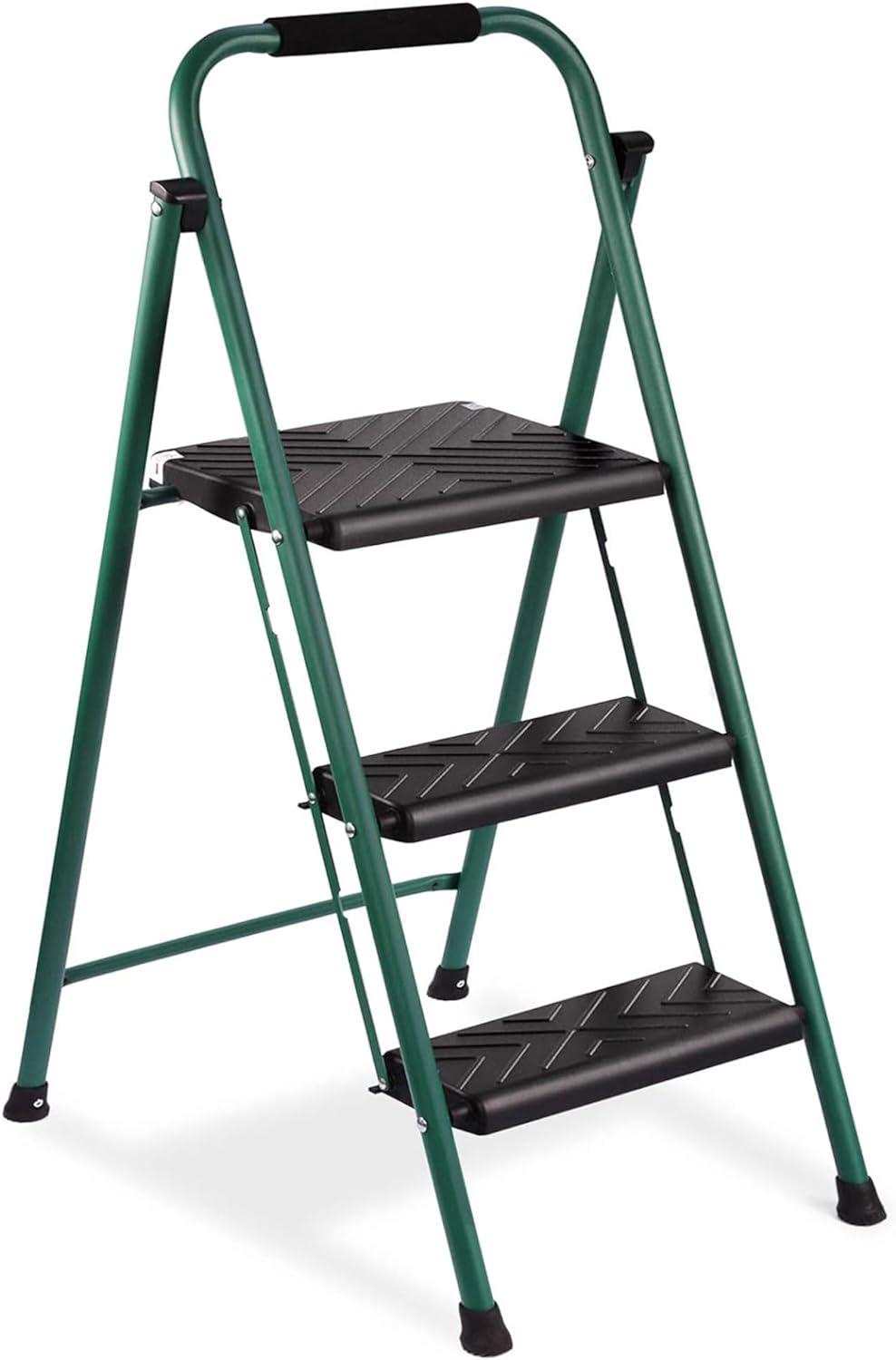 Delxo Non-Slip Stool Folding Sturdy Steel Wide Step Ladder with Hand Grip and Locking Mechanism for Indoor Household Kitchens