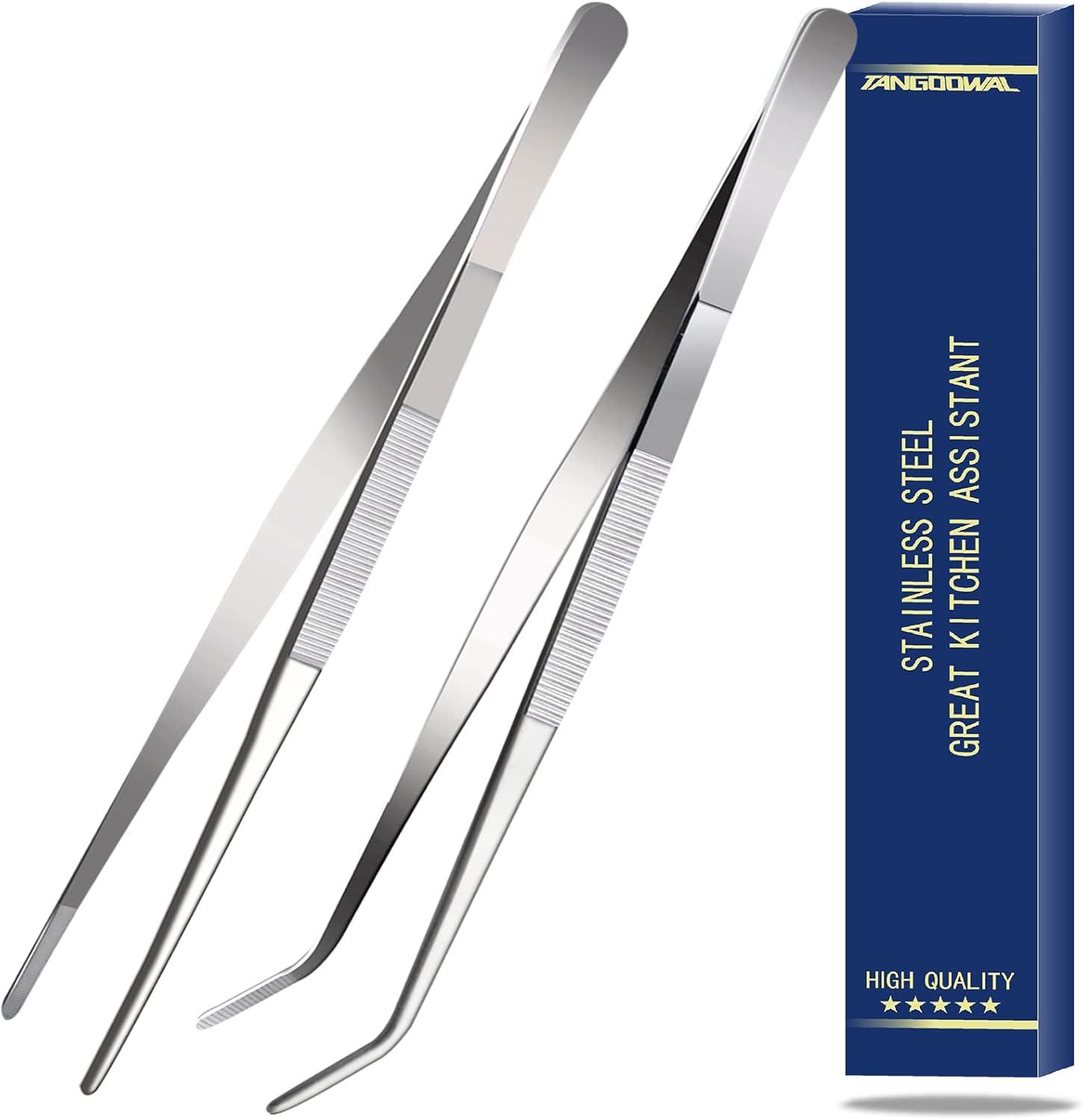 Bentne 12Inch Fine Tweezer Tongs 2pcs Extra Long Stainless Steel Tweezers Tongs for Outdoor BBQ Daily Cooking